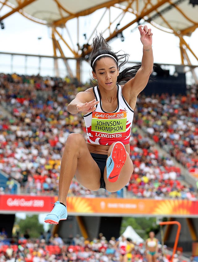 England’s Katarina Johnson-Thompson competes in the women’s heptathlon long jump at the Carrara Stadium 