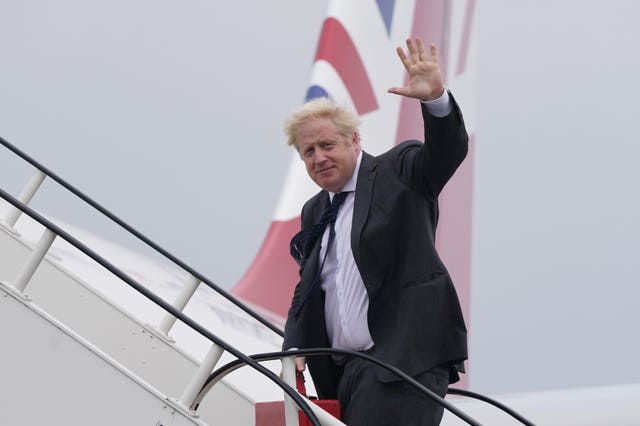 Prime Minister Boris Johnson boards RAF Voyager at Stansted Airport ahead of a meeting with US President Joe Biden in Washington