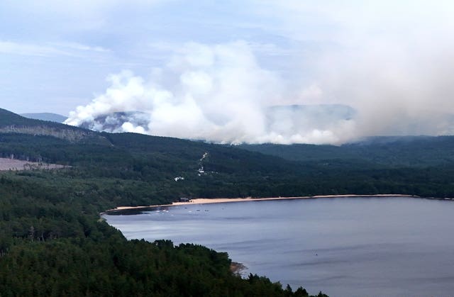 A general view from a drone of the wildfire in the Cairngorms National Park on July 16 2026
