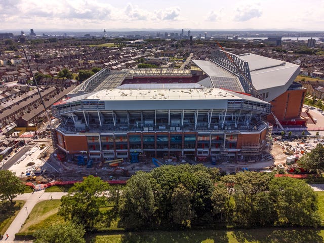 A view from a drone of Anfield Stadium, Liverpool. 