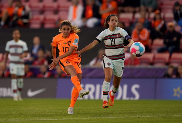 Danielle van de Donk, left, scores the Netherlands' winner against Portugal