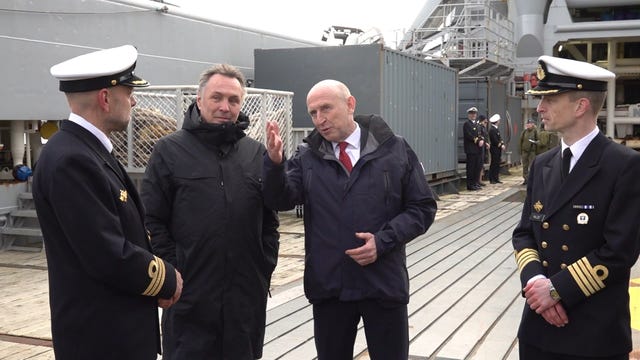 efence Secretary John Healey (second right) and Norwegian defence secretary Tore Sandvik (second left) on board the British Royal Fleet Auxiliary ship Proteus, currently docked in the town of Bodo, Norway