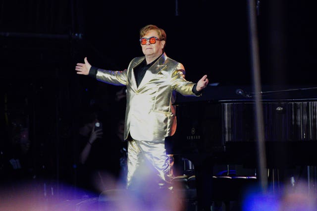 Elton John performing on the Pyramid Stage at the Glastonbury Festival in2023