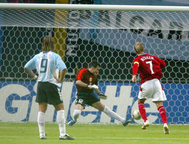 England captain David Beckham scores a penalty against Argentina at the 2002 World Cup