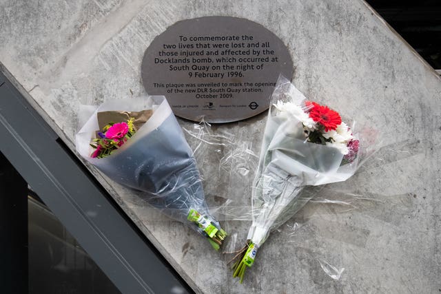 The 1996 London Docklands bombing memorial plaque outside South Quay DLR station