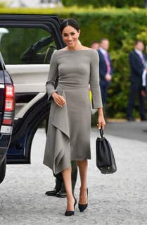 The Duchess of Sussex arriving to meet Michael Higgins at Aras an Uactharain on the second day of the Royal couple’s visit to Dublin, Ireland.