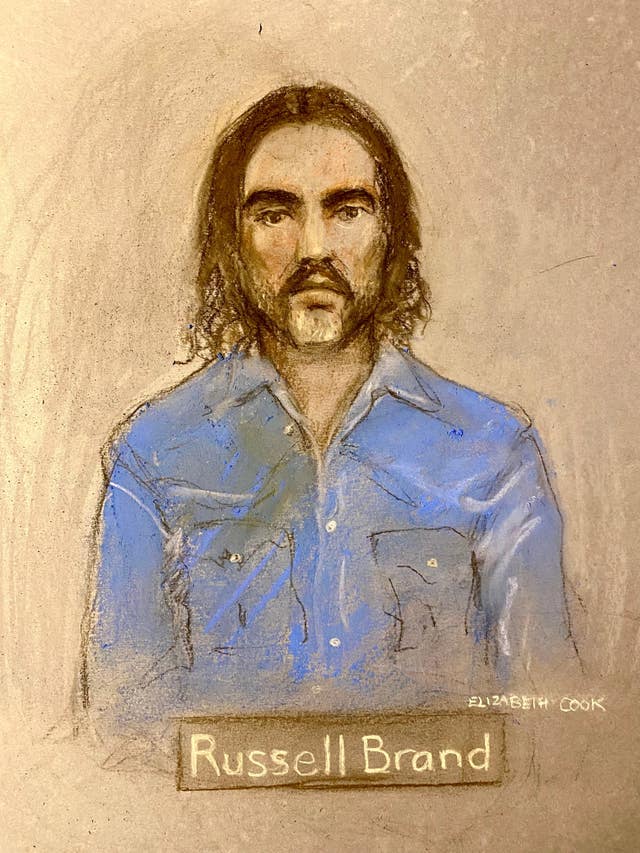 Court artist sketch of Russell Brand appearing via video-link at Westminster Magistrates’ Court on Tuesday 
