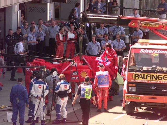 Schumacher crashed out of the 1999 British Grand Prix, breaking his leg and missing the next six races.