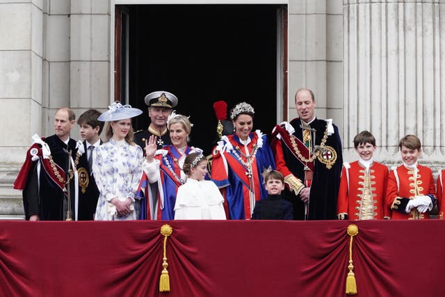 The Duke and Duchess of Edinburgh with other members of the royal family on the balcony of Buckingham Palace on the day of the king's coronation
