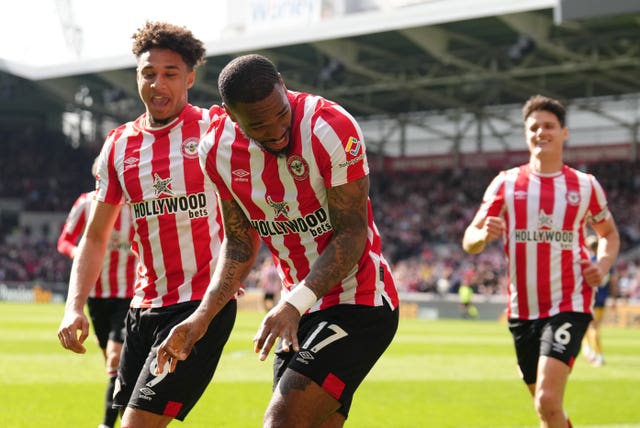 Ivan Toney, number 17, celebrates after scoring against former club Newcastle. The striker enjoyed a prolific campaign with the Bees and was rewarded for his fine form with his international debut in March. He became the first Brentford player to represent England since Les Smith in 1939 by coming off the bench in his country's 2-0 Euro 2024 qualifying victory over Ukraine at Wembley. However, his season was cut short by an eight-month ban for breaches of betting rules
