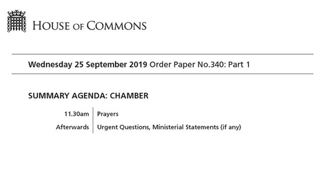 Order paper for the House of Commons