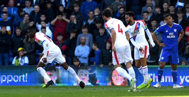 Wilfried Zaha celebrates his goal which opened the scoring in Wales 