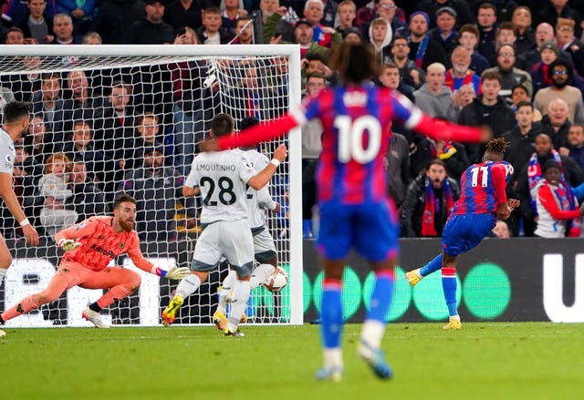 Wilfried Zaha, right, scores Crystal Palace’s winner