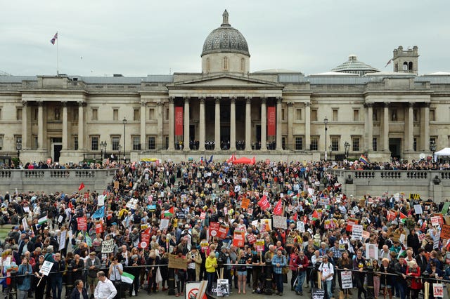 Protesters gather in Trafalgar Square, London on the second day of the state visit to the UK by US President Donald Trump 