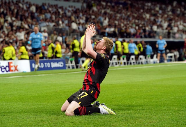 Kevin De Bruyne celebrates his equaliser against Real Madrid