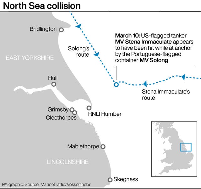 A PA graphic showing the location of the North Sea ship collision