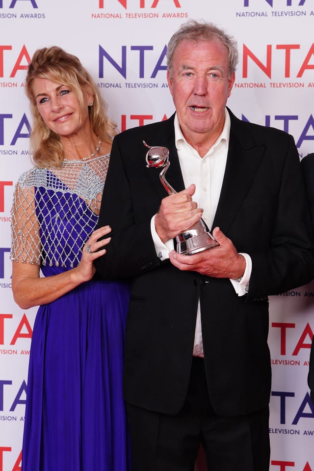 Jeremy Clarkson with his partner Lisa Hogan after winning the Factual Entertainment Award for Clarkson&rsquo;s Farm at last year's National Television Awards (Ian West/PA)