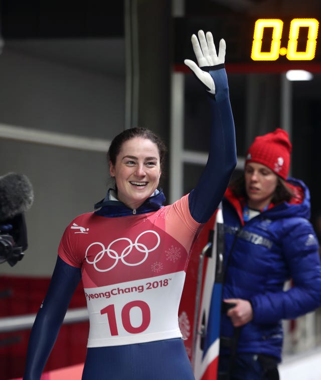 Great Britain’s Laura Deas acknowledges the crowd en route to a bronze medal in the women's skeleton 
