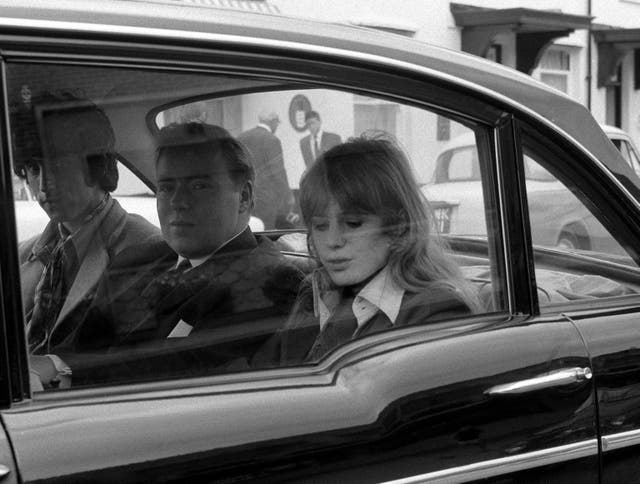 Marianne Faithfull, the pop singer and friend of Mick Jagger of the Rolling Stones, being driven away after the adjournment of a 1967 court case