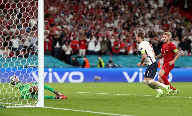 Kane scores against Denmark at Euro 2020