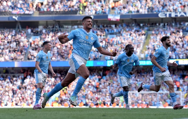 Manchester City’s Rodri celebrates scoring their side’s third goal of their 3-1 win over West Ham in May