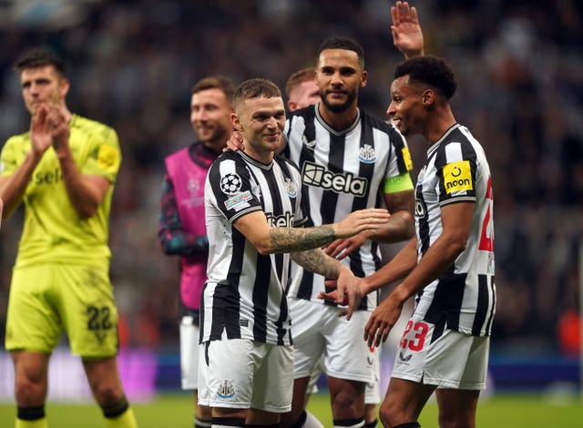 Newcastle’s Kieran Trippier and Jacob Murphy after the 4-1 Champions League win over Paris St Germain at St James' Park