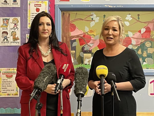 Stormont deputy First Minister Emma Little Pengelly (left) and First Minister Michelle O’Neill (right) speak to the media  (Rebecca Black/PA)