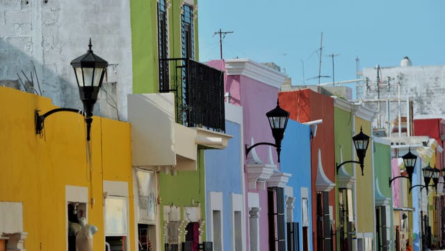 Painted houses in Campeche, Mexico
