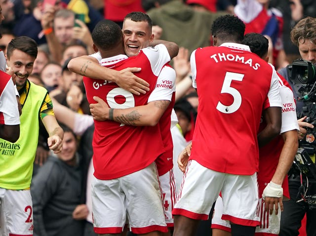 Grant Xhaka celebrates wrapping up Arsenal's 3-1 win against Spurs