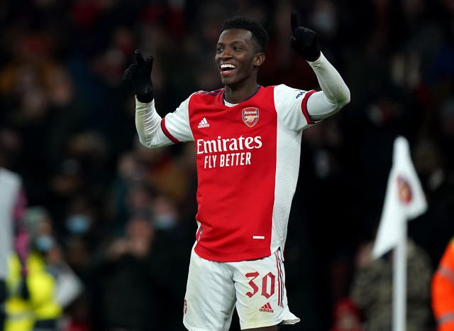 Arsenal’s Eddie Nketiah celebrates scoring their side’s fourth goal of the game and his hat-trick during the Carabao Cup quarter final match at the Emirates Stadium, London.