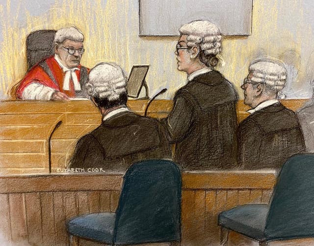 Court artist sketch of empty chairs in the dock as Alison Morgan KC, opens the case for the prosecution in the trial of Kyle Clifford