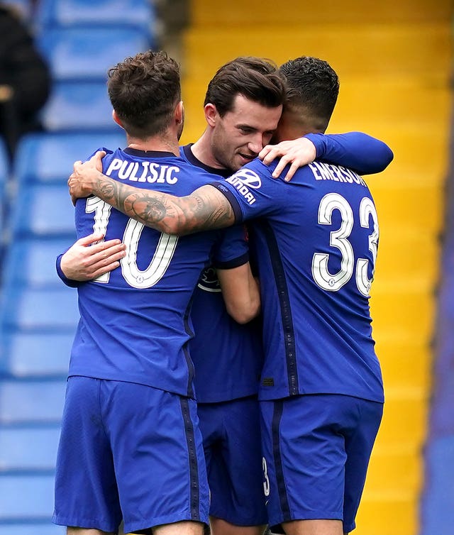 Chelsea's Ben Chilwell (centre) celebrates their opening goal