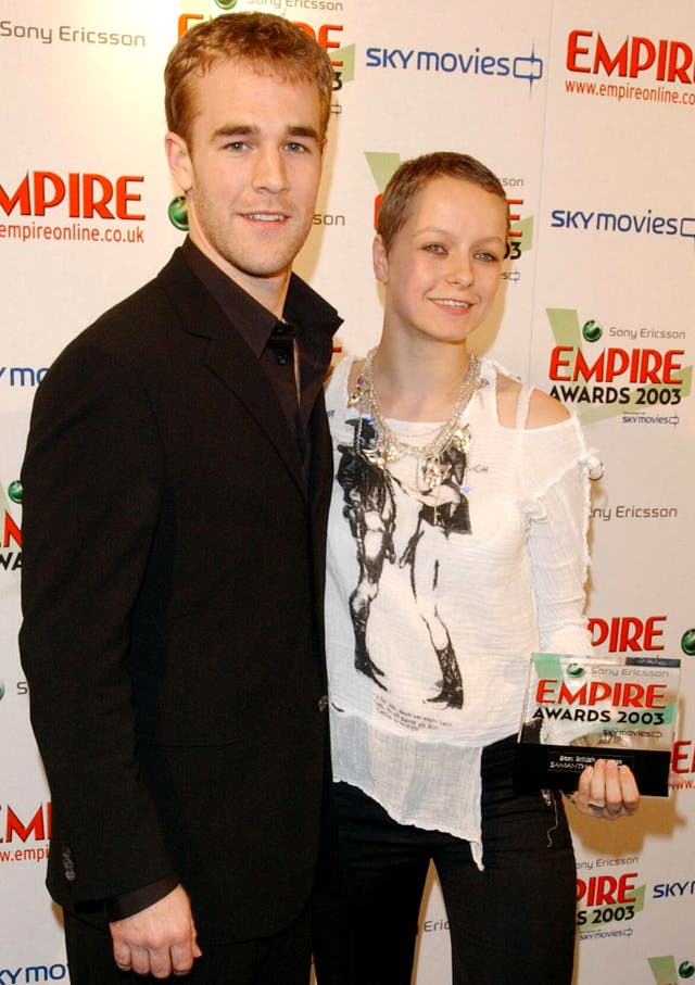 Actor James Van Der Beek poses with Samantha Morton, after she was named Best British Actress, during the Empire Film Awards