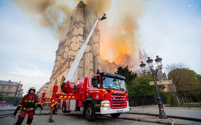 French firefighters tackle the fire at Notre Dame cathedral (Benoit Moser/Pompiers de Paris/PA)