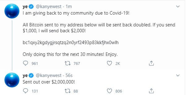 Screen grab taken from the twitter account of Kanye West after a number of high-profile Twitter accounts, including those of Barack Obama, Elon Musk and Kanye West, were hacked as part of a widespread cryptocurrency scam in 2020 