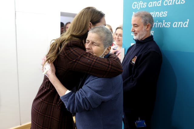 The Princess of Wales hugs Rebecca Mendelhson during a visit to the Royal Marsden Hospital 