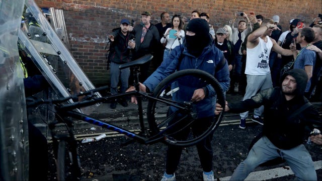 Screen grab taken from PA Video of police and protestors clashing in Southampton during a protest following the death of Henry Nowak (Jamie Lashmar/PA)