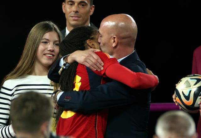 Rubiales - pictured embracing Spain player Salma Paralluelo at the medal ceremony in Sydney, has faced calls to resign