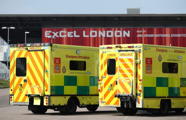 Ambulances at the ExCel centre in London which is being made into a temporary hospital