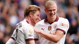 Kevin De Bruyne, left, celebrates with Erling Haaland (Adam Davy/PA)