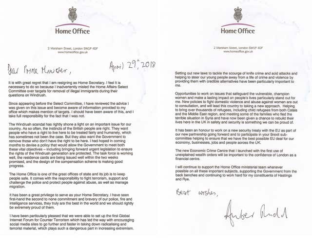 Amber Rudd's resignation letter (Downing Street/PA)