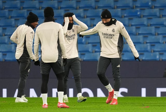 Real Madrid’s Kylian Mbappe (right) during a training session at the Etihad Stadium