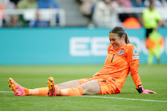 England keeper Mary Earps goes down injured during the 2-1 Euro 2025 qualifier defeat by France