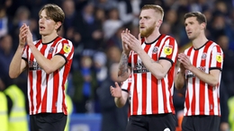 Sheffield United’s Sander Berge (left), Oli McBurnie and Chris Basham applaud the fans at the end of the Sky Bet Championship match at John Smith’s Stadium, Huddersfield. Picture date: Thursday May 4, 2023.