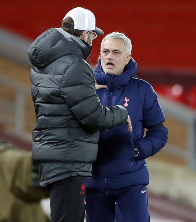 Jose Mourinho and Jurgen Klopp have a disagreement on the touchline at Anfield