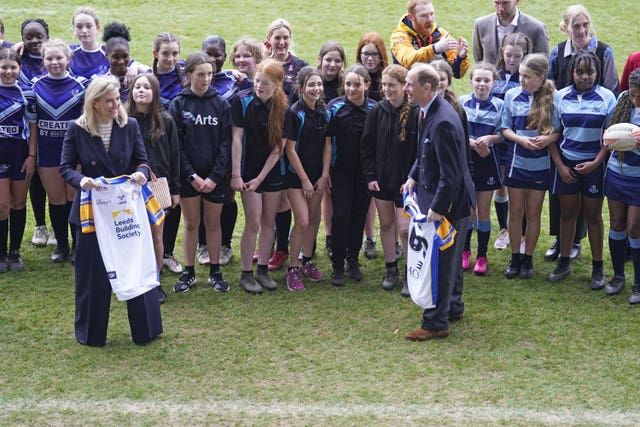 The Duke and Duchess of Edinburgh are presented with number 60 rugby shirts, ahead of his 60th birthday, during a visit to Headingley Stadium in Leeds to watch rugby trials and take part in an awards ceremony 