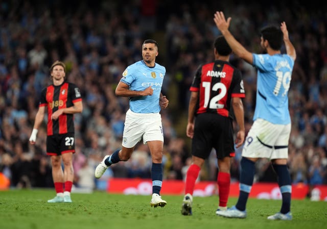 Manchester City’s Rodri comes onto the pitch against Bournemouth