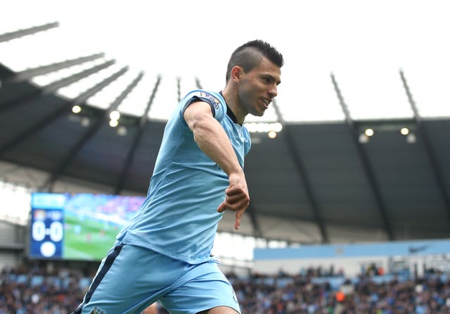 Manchester City’s Sergio Aguero celebrates after scoring against QPR in May 2015