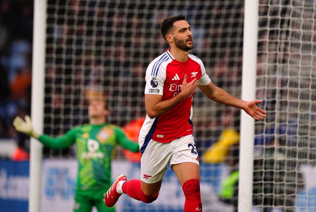 Mikel Merino celebrates scoring Arsenal's opener at the King Power Stadium