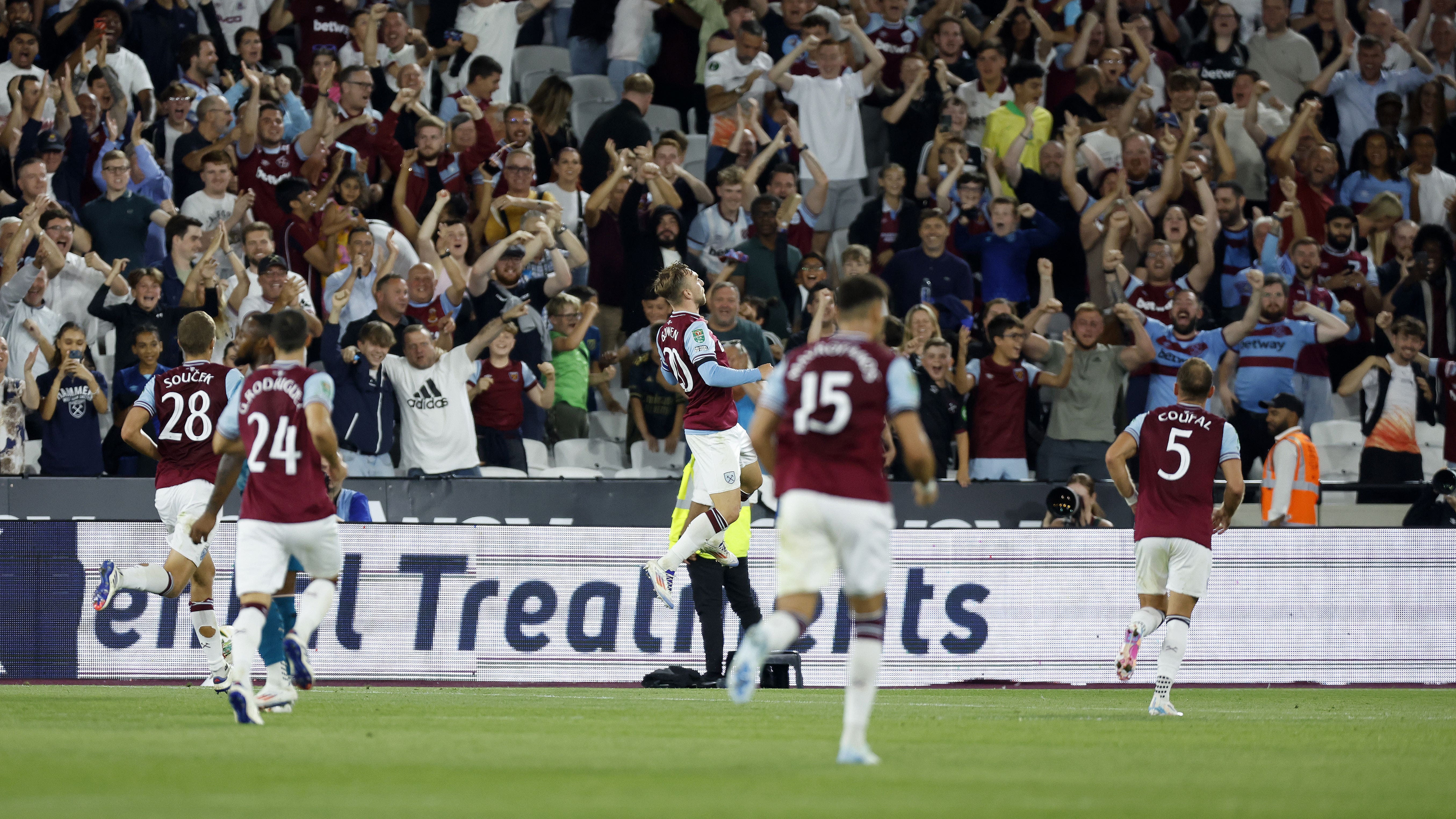 West Ham United’s Jarrod Bowen celebrates scoring the only goal of the game (Nigel French/PA)